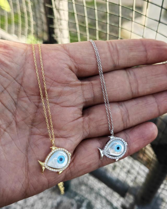 Opal Taşlı Balık Gümüş Kolye - Gold Renk