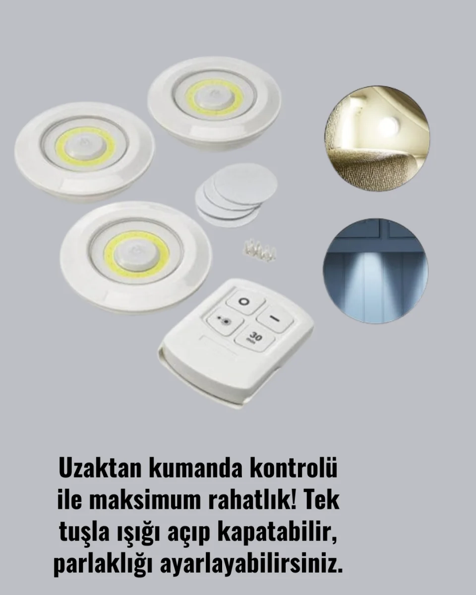 Uzaktan Kumanda İle Kontrol Edilebilen Yapışkanlı 3 Lü Kablosuz Led Spot Lamba