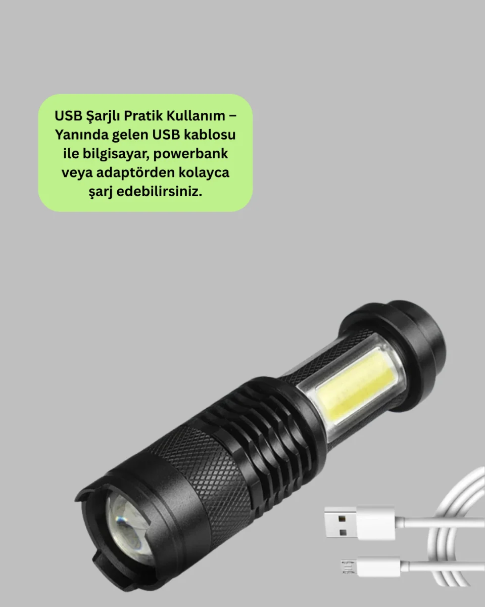 Şarjlı Mini LED El Feneri 2000 Lümen Su Geçirmez