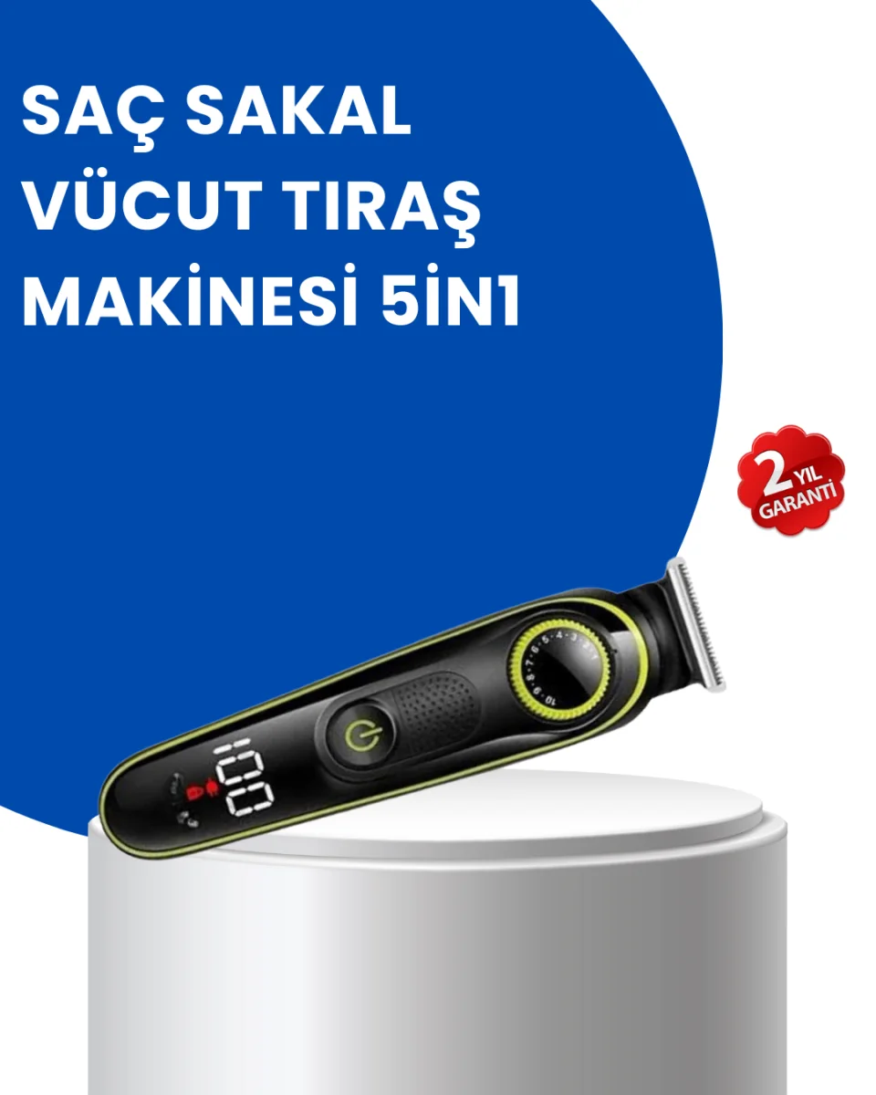 Uzun Pil Ömürlü LED Göstergeli Erkek Bakım Seti 5-in-1 Saç Sakal Tıraş Makinesi
