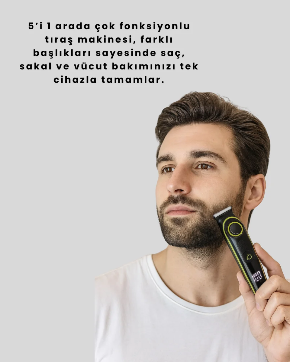Uzun Pil Ömürlü LED Göstergeli Erkek Bakım Seti 5-in-1 Saç Sakal Tıraş Makinesi