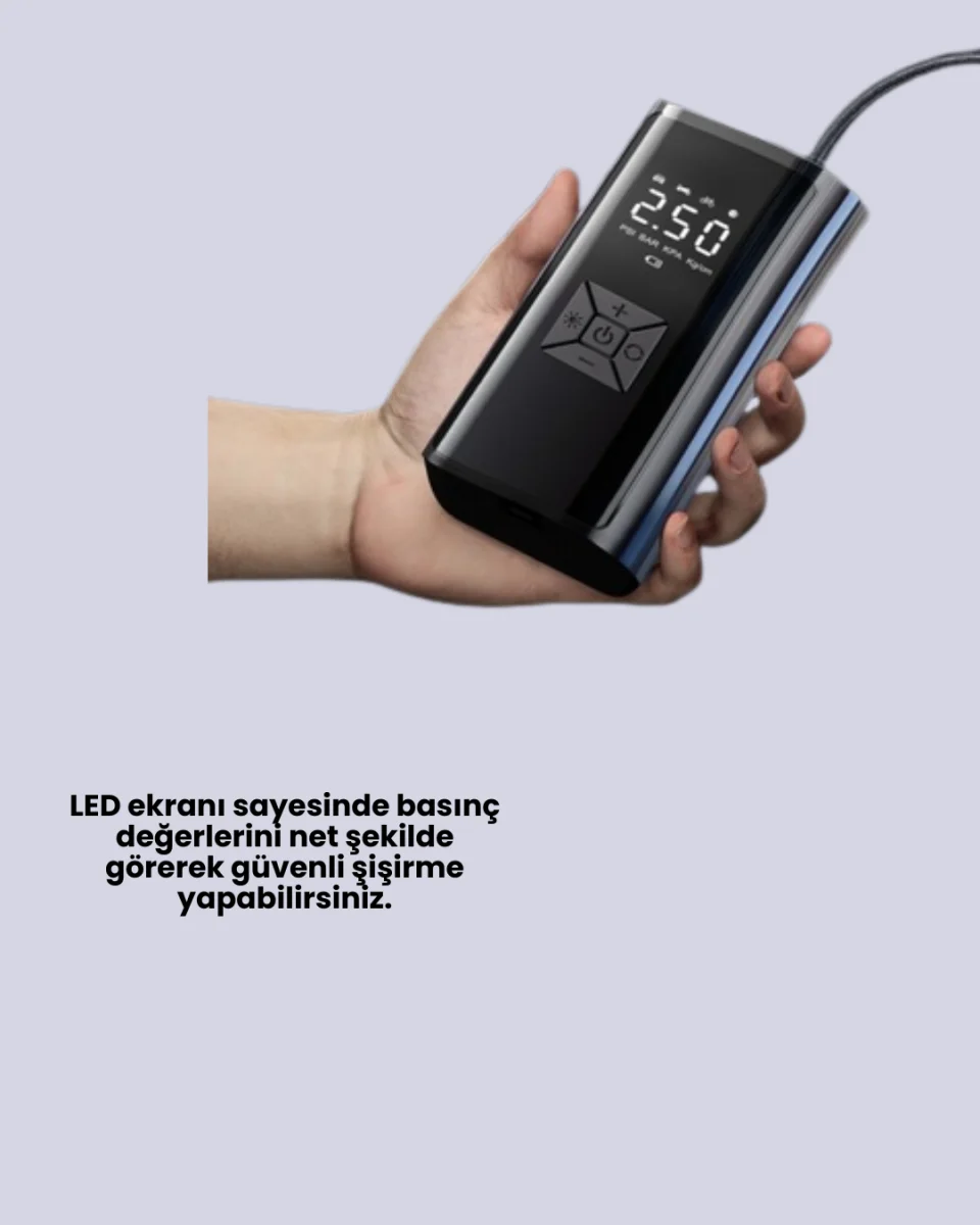 LED Fenerli ve SOS Işıklı Çok Fonksiyonlu Hava Kompresörü