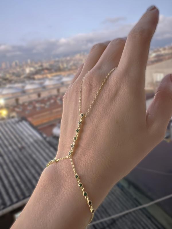 Zirkon Taşlı Zümrüt Yeşili Gümüş Şahmeran Bileklik - Gold