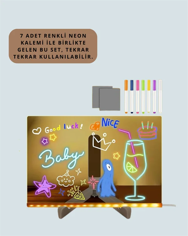 Şık ve Modern LED Pano – Neon Işıklı Silinebilir Akrilik Yazı Tahtası, 7 Renkli Kalem Dahil