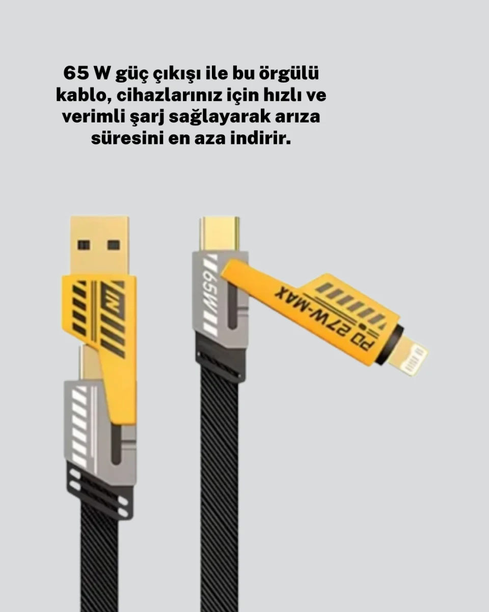 Hızlı Şarj Destekli 65W Örgülü USB-C ve USB-A Çoklu Şarj Kablosu