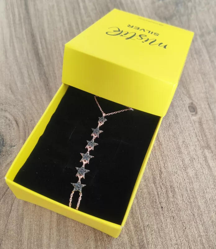 Siyah Taşlı Sıralı Yıldızlı Gümüş Şahmeran - Rose Renk