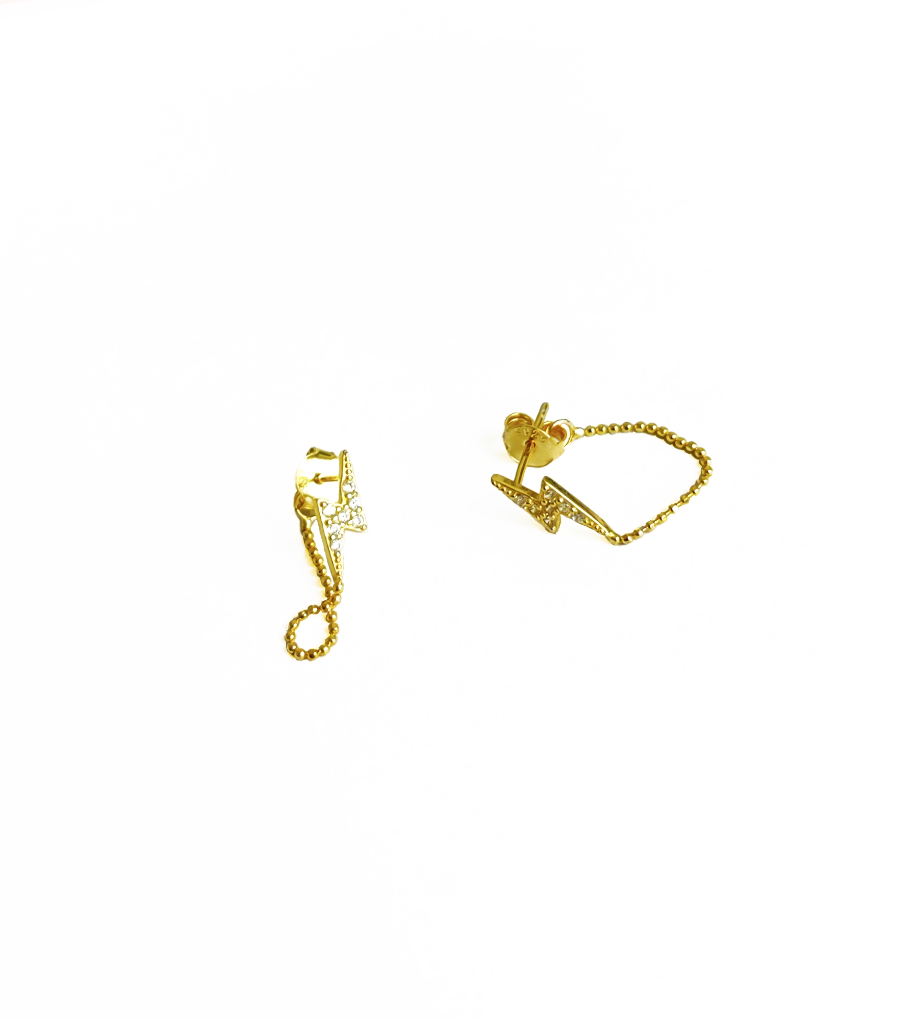 Şimşek Motifli Zincirli Gümüş Küpe - Gold Renk