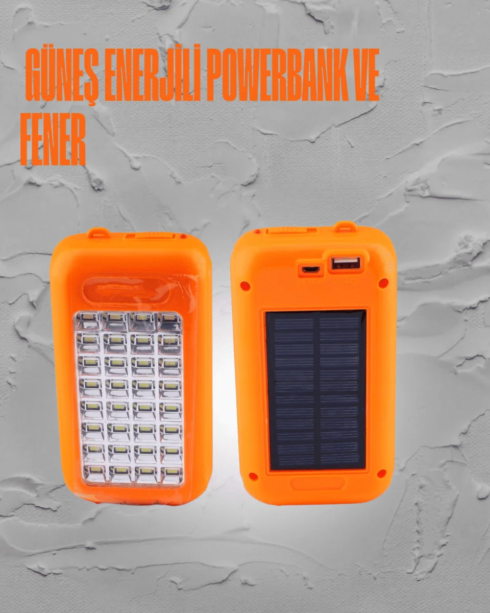Güneş Enerjili LED Powerbank Işıldak – 10000 mAh, Su Geçirmez, 32 LED, Taşınabilir Tasarım