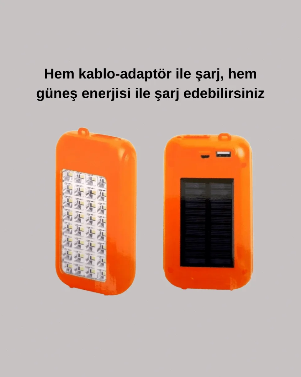 Gold Silver Güneş Enerjili Powerbank Işıldak – 10000 mAh, 32 LED, Çift USB, Su Geçirmez