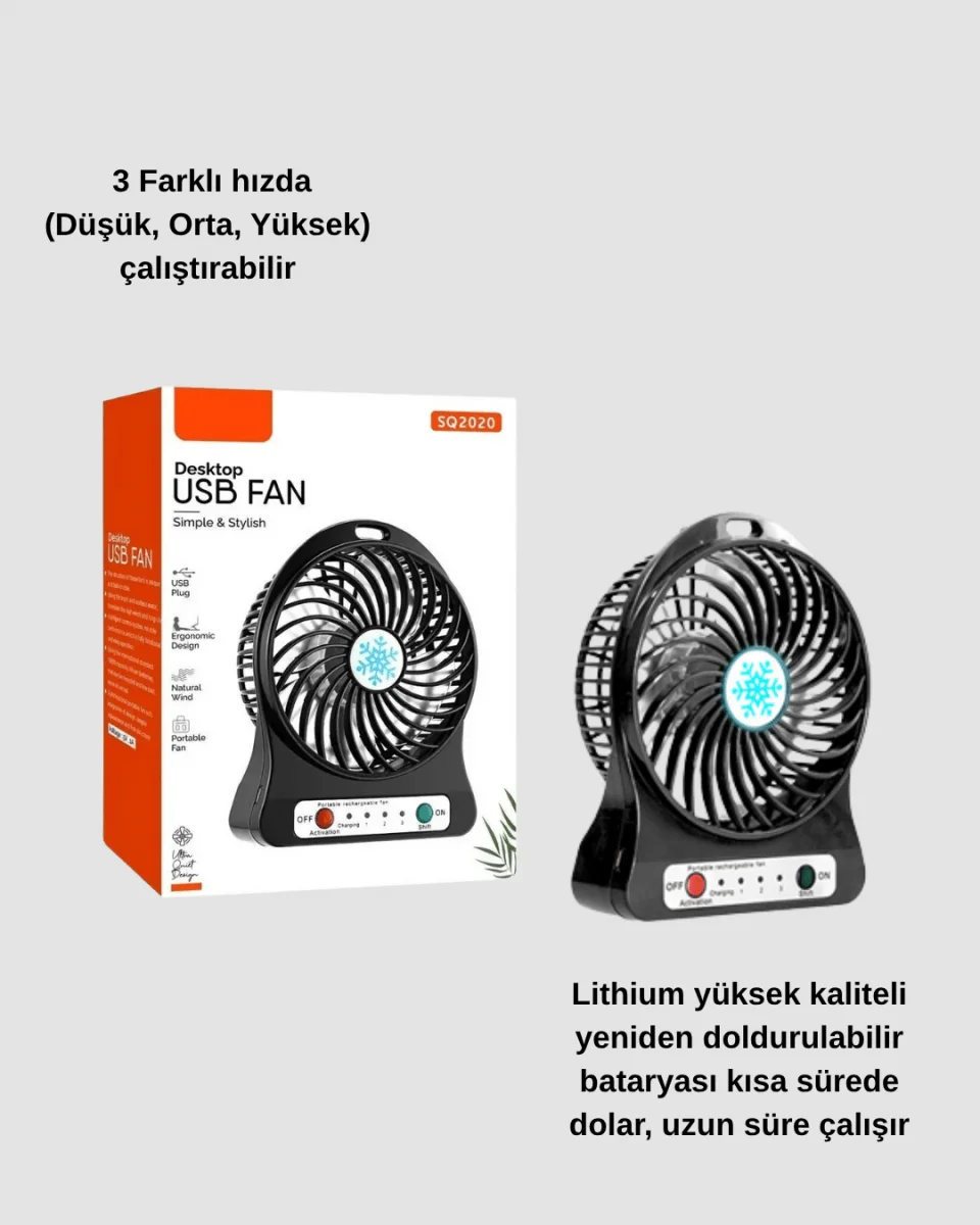 Mini USB Fan – Şarj Edilebilir, Işıklı, 3 Kademe, Taşınabilir Masaüstü Vantilatör