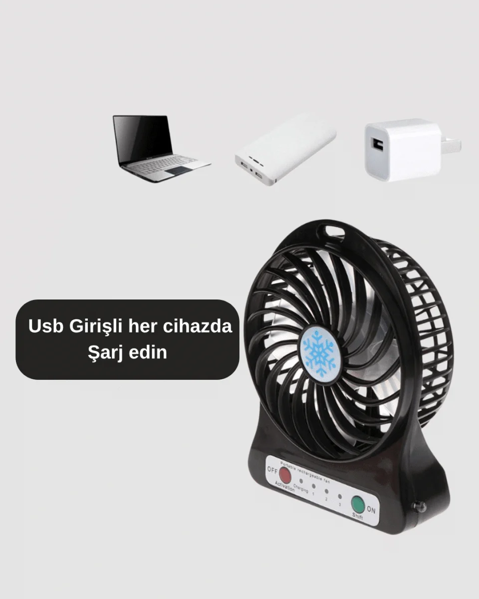 Şarjlı USB Fan – Masaüstü Mini Vantilatör, Taşınabilir, Işıklı, 3 Kademeli, Sessiz