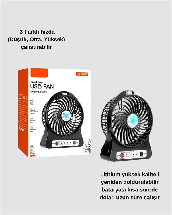 Mini Vantilatör Masaüstü – USB Girişli, Şarjlı, 3 Kademe, Sessiz Motor, Işıklı