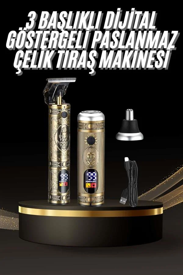 Tıraş Makinesi Pro 3 Başlıklı Dijital Göstergeli Saç Sakal Kulak ve Burun