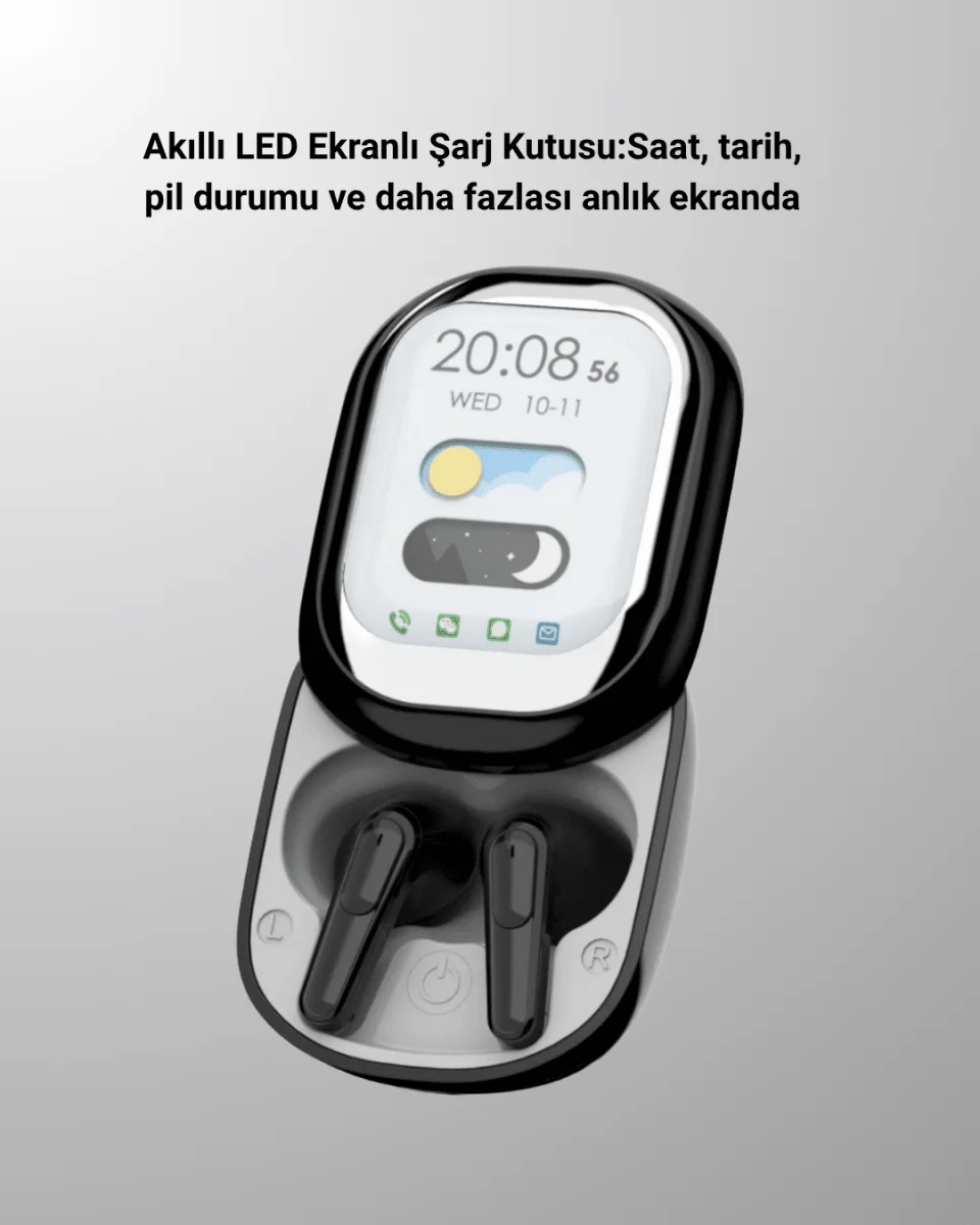 Akıllı Ekranlı Bluetooth 5.4 Kablosuz Kulaklık – Dokunmatik ve Şarj Kutulu