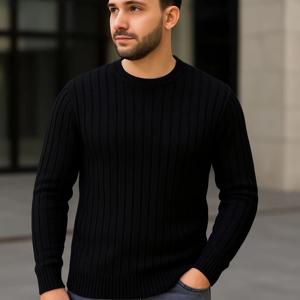 Erkek Fitilli Triko Kazak 3'lü Set Bej Gri Siyah Bisiklet Yaka Regular Fit