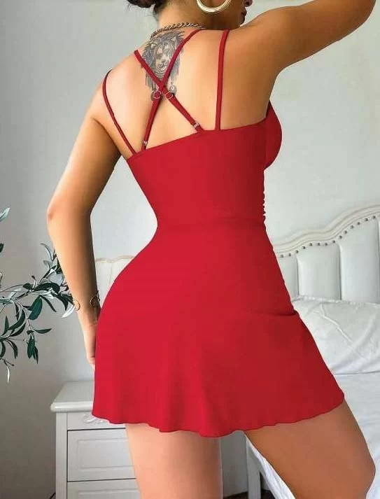 Şık Tasarım Çapraz Sırt Dekolteli Yandan Bağlamalı Kırmızı Mini Elbise