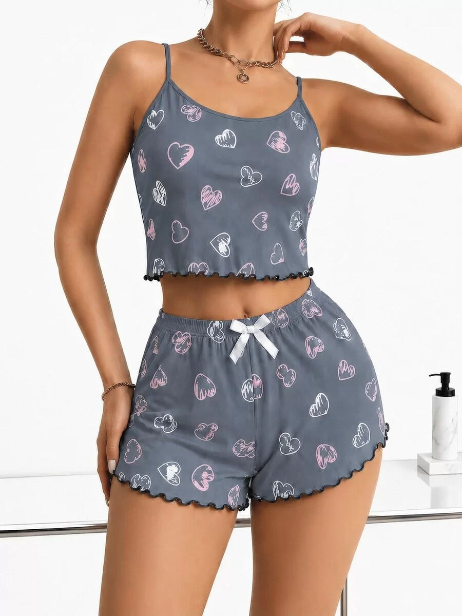 Kadın Gri Kalp Desenli Dantel Askılı Şortlu Pijama Takımı 5265