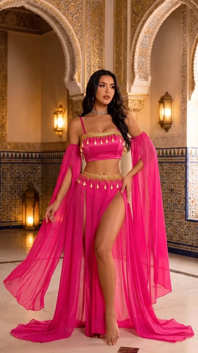 Kadın Pembe Parlak Süslemeli Şık Fantezi Dansöz Elbisesi