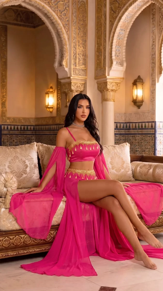 Kadın Pembe Parlak Süslemeli Şık Fantezi Dansöz Elbisesi