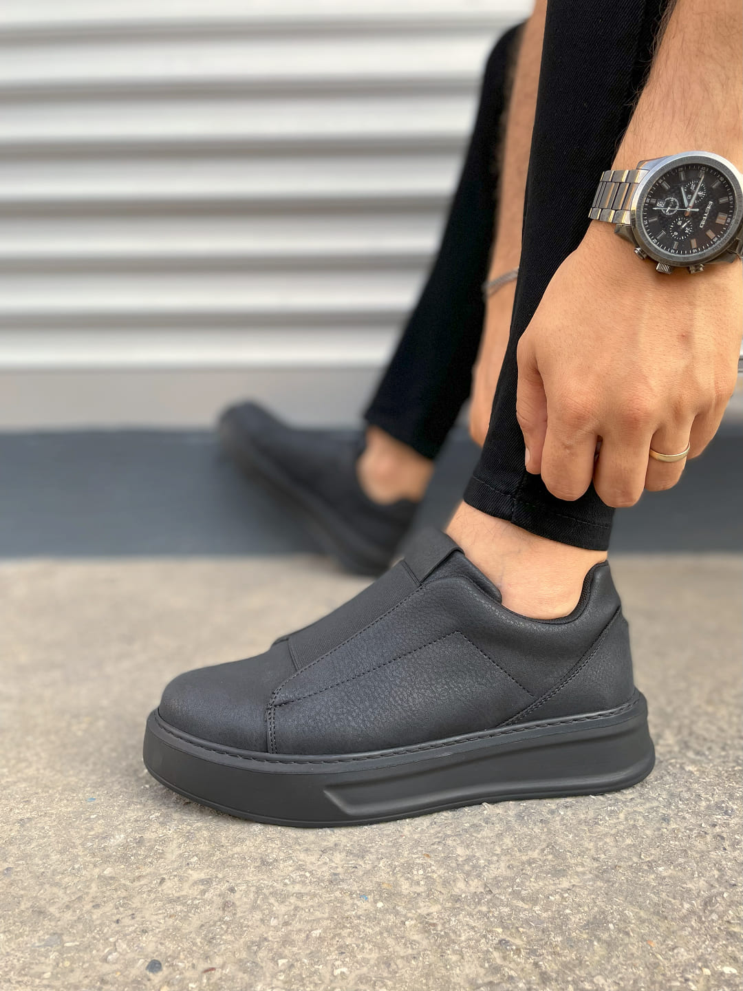 JY007 Alba Bağcıksız Cilt Erkek Günlük Sneaker Ayakkabı CST Siyah