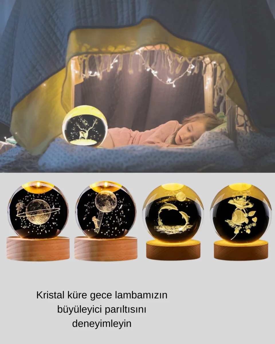 Lazer İşlemeli Yunus Kristal Küre Sıcak Işıklı Ahşap Standlı