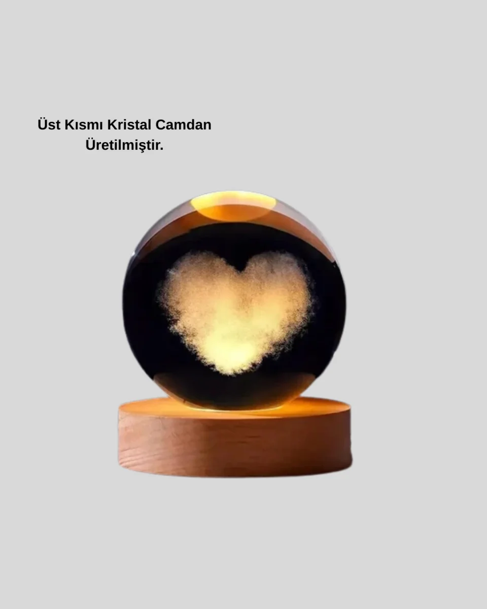 Romantik Kalpli Kristal Cam Küre USB’li Işıklı Dekoratif Obje