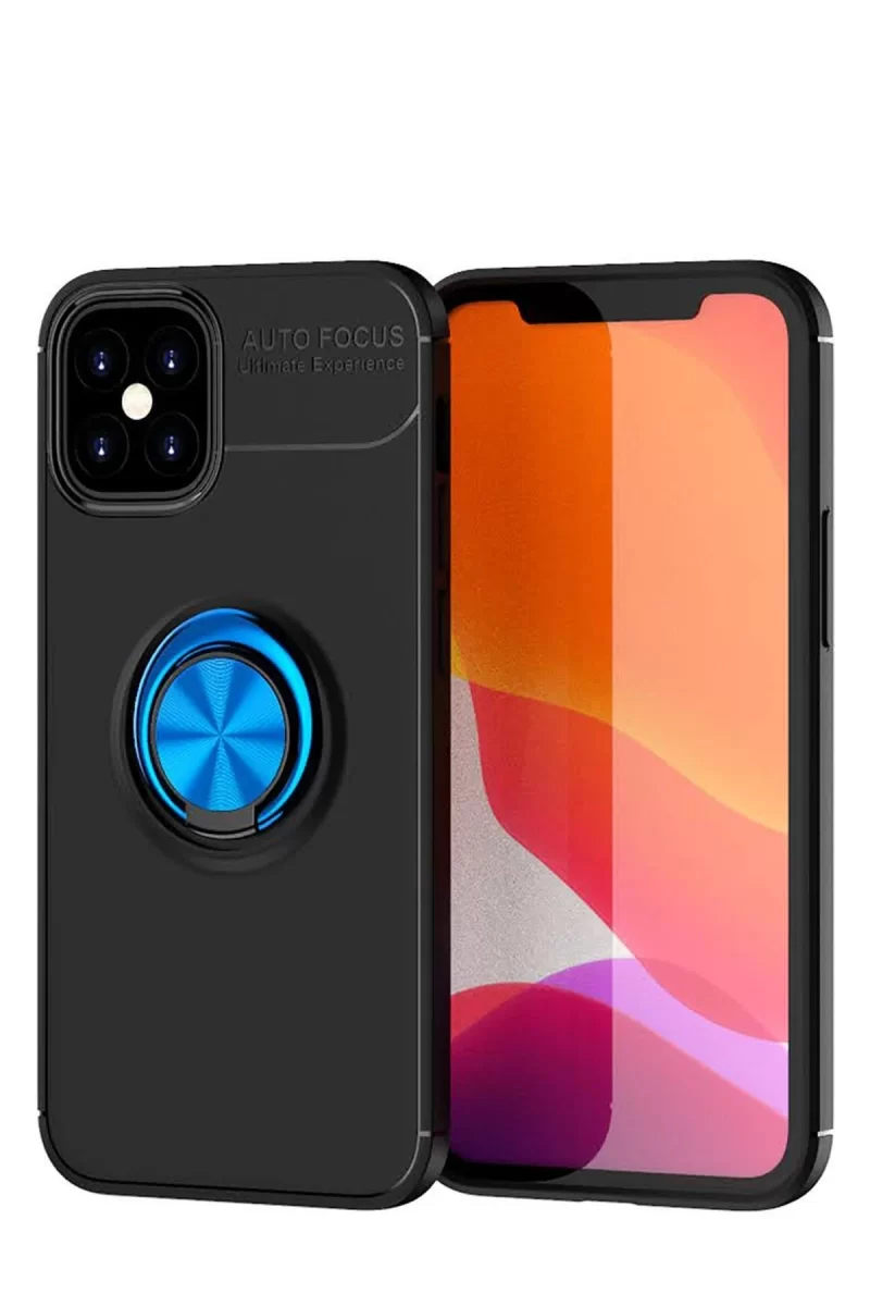 Newface Apple iPhone 12 Mini Kılıf Range Yüzüklü Silikon - Siyah-Mavi