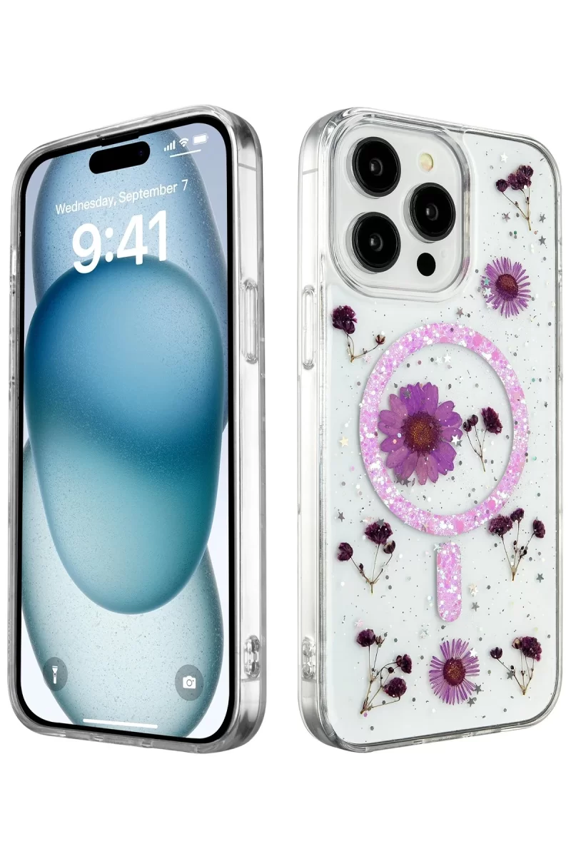 Newface Apple iPhone 14 Pro Kılıf Daisy Simli Magsafe Kapak - Mor