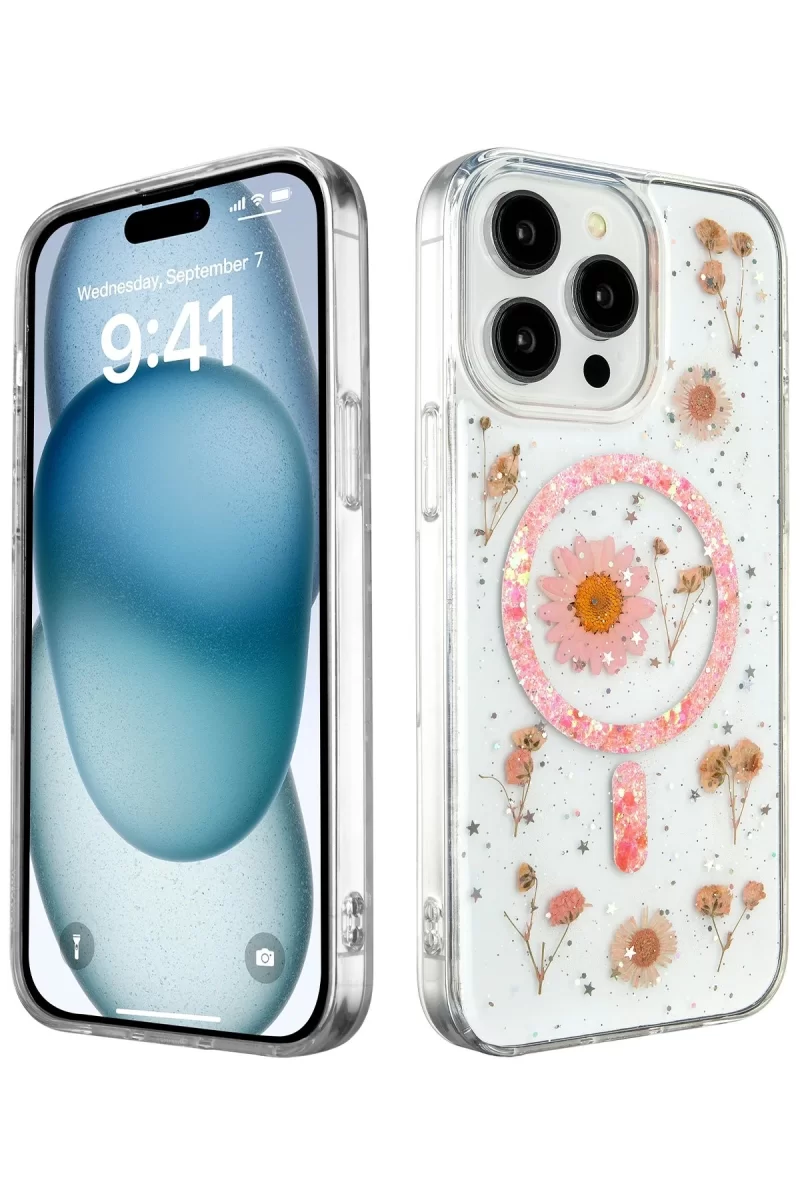 Newface Apple iPhone 14 Pro Kılıf Daisy Simli Magsafe Kapak - Pembe