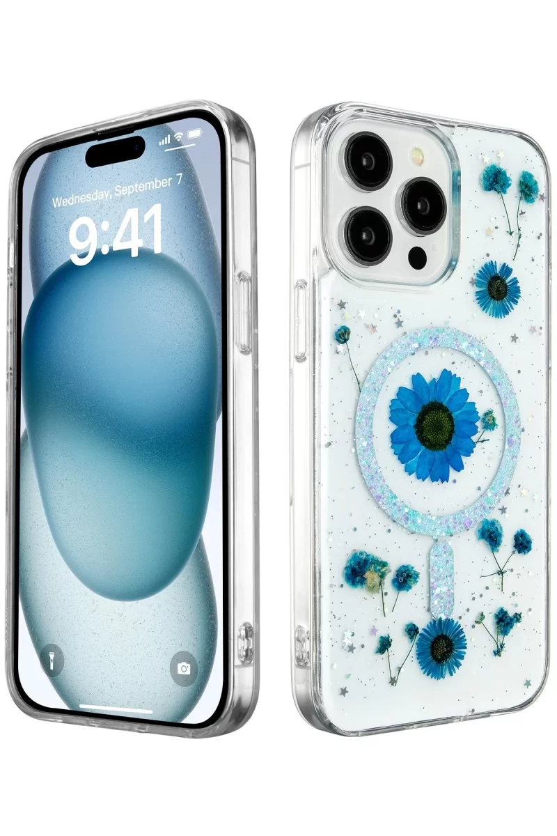 Newface Apple iPhone 14 Pro Max Kılıf Daisy Simli Magsafe Kapak - Mavi