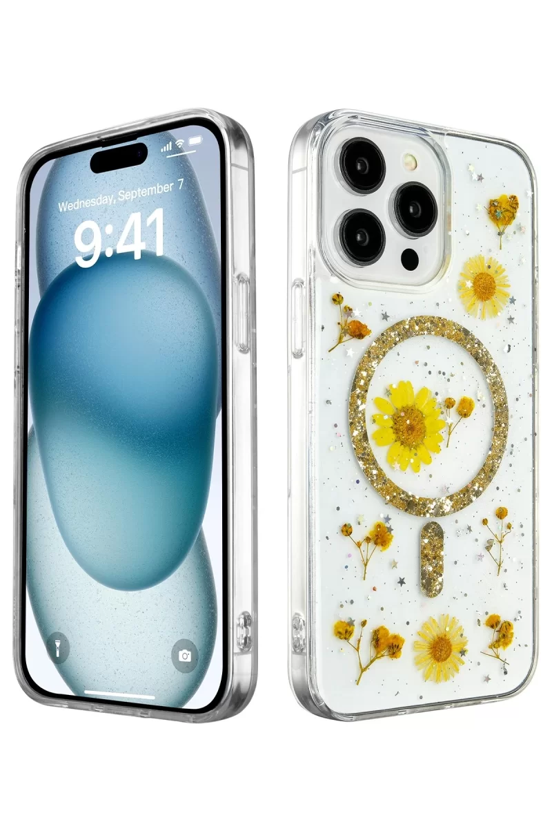 Newface Apple iPhone 14 Pro Max Kılıf Daisy Simli Magsafe Kapak - Gold