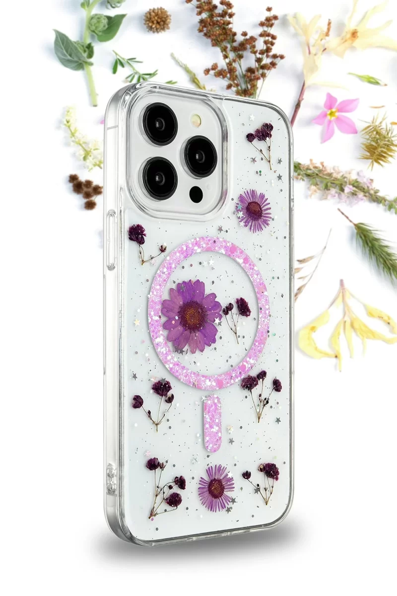 Newface Apple iPhone 15 Pro Kılıf Daisy Simli Magsafe Kapak - Mavi