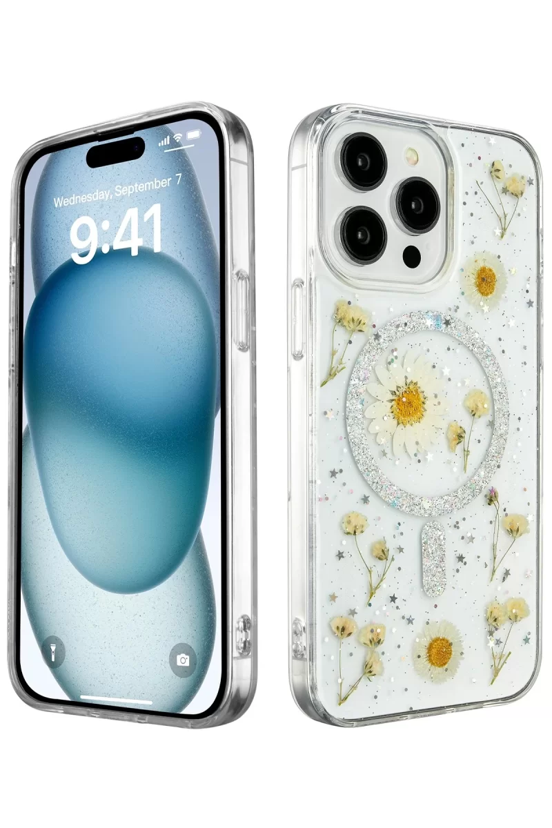 Newface Apple iPhone 15 Pro Max Kılıf Daisy Simli Magsafe Kapak - Gümüş