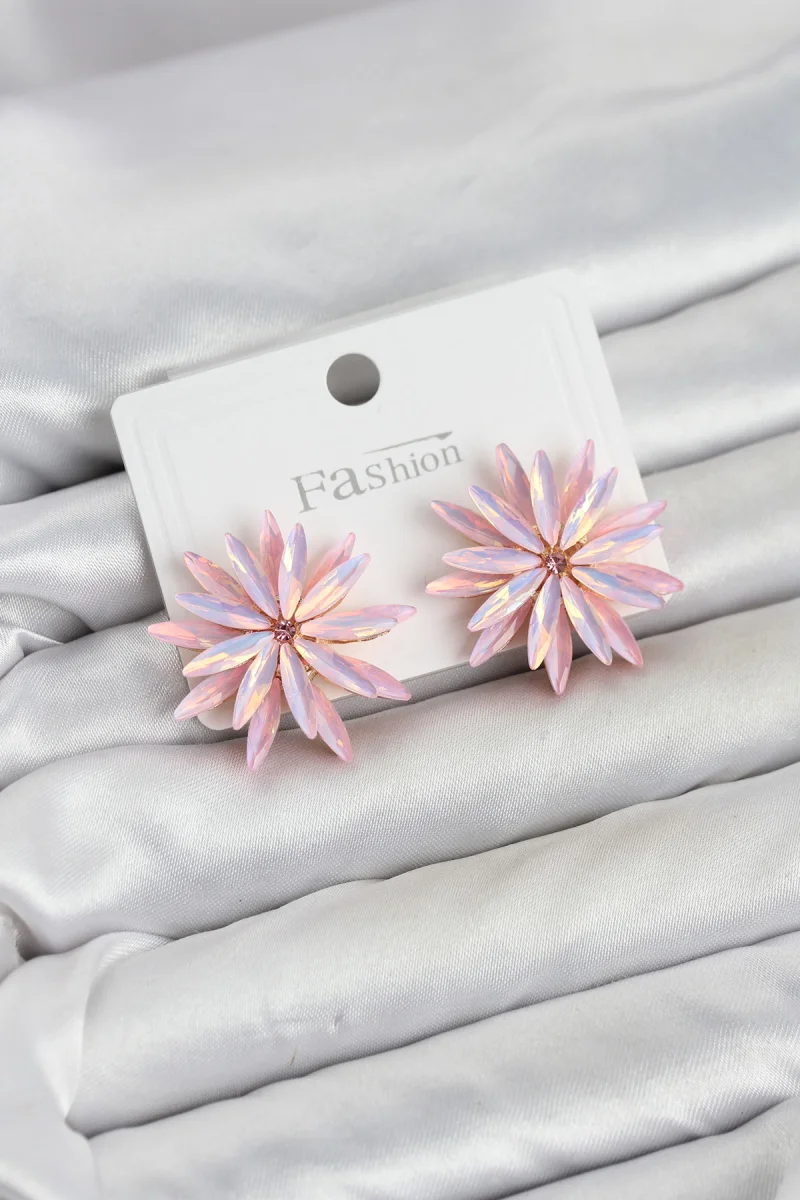 Lotus Model Pembe Renk Kristal Taşlı Kadın Küpe