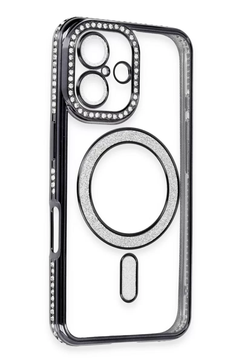 Newface Apple iPhone 16 Kılıf Joke Simli Magneticsafe Kılıf - Siyah