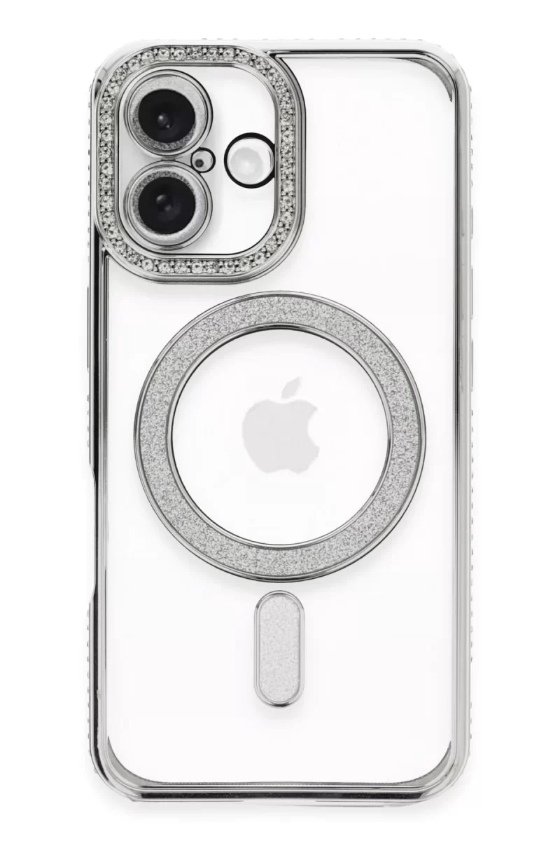 Newface Apple iPhone 16 Plus Kılıf Joke Simli Magneticsafe Kılıf - Gümüş