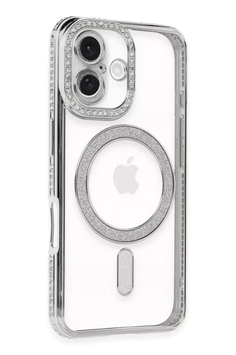 Newface Apple iPhone 16 Plus Kılıf Joke Simli Magneticsafe Kılıf - Gümüş