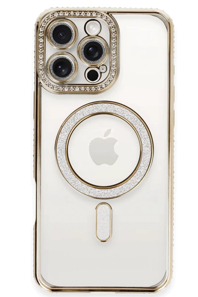 Newface Apple iPhone 16 Pro Kılıf Joke Simli Magneticsafe Kılıf - Gold