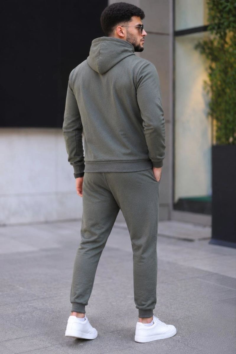 Erkek İki İplik Kapüşonlu Kanguru Cepli Sweatshirt Jogger Pantolon Alt Üst Eşofman Takımı - Haki