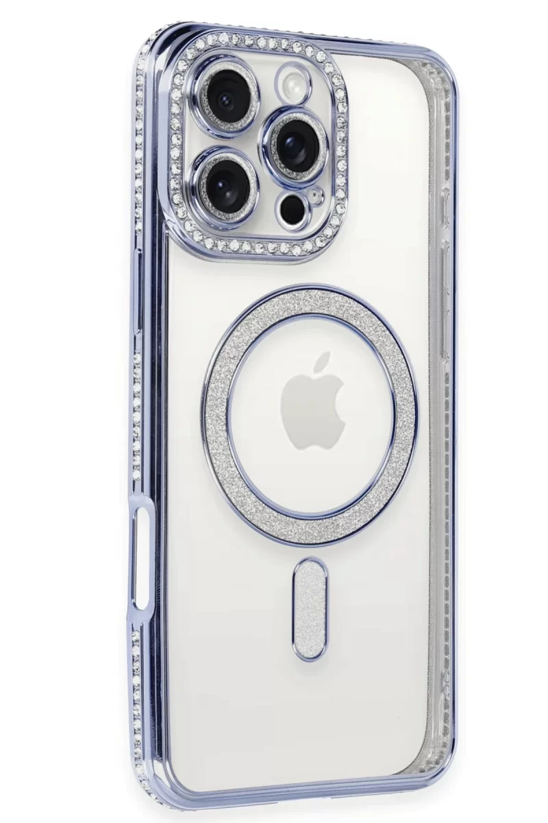 Newface Apple iPhone 16 Pro Kılıf Joke Simli Magneticsafe Kılıf - Mavi