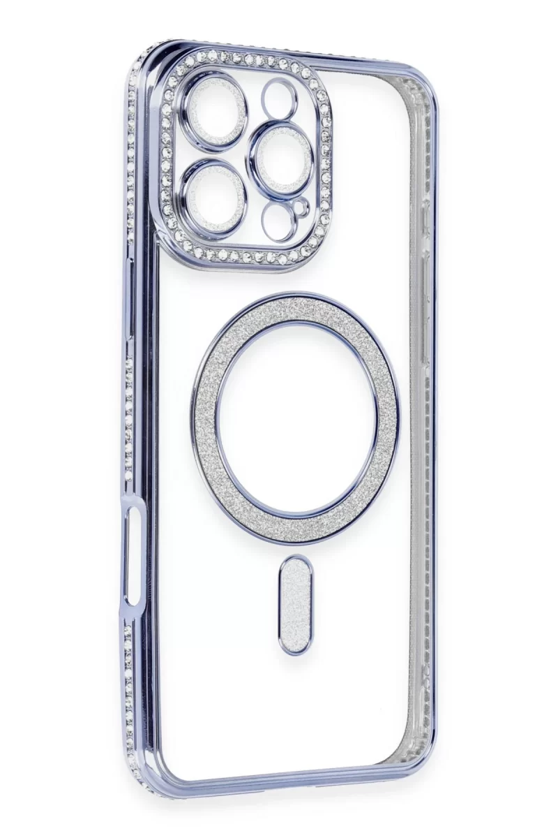 Newface Apple iPhone 16 Pro Kılıf Joke Simli Magneticsafe Kılıf - Mavi