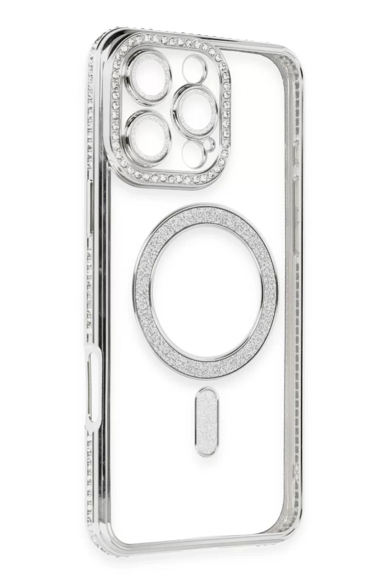 Newface Apple iPhone 16 Pro Kılıf Joke Simli Magneticsafe Kılıf - Gümüş