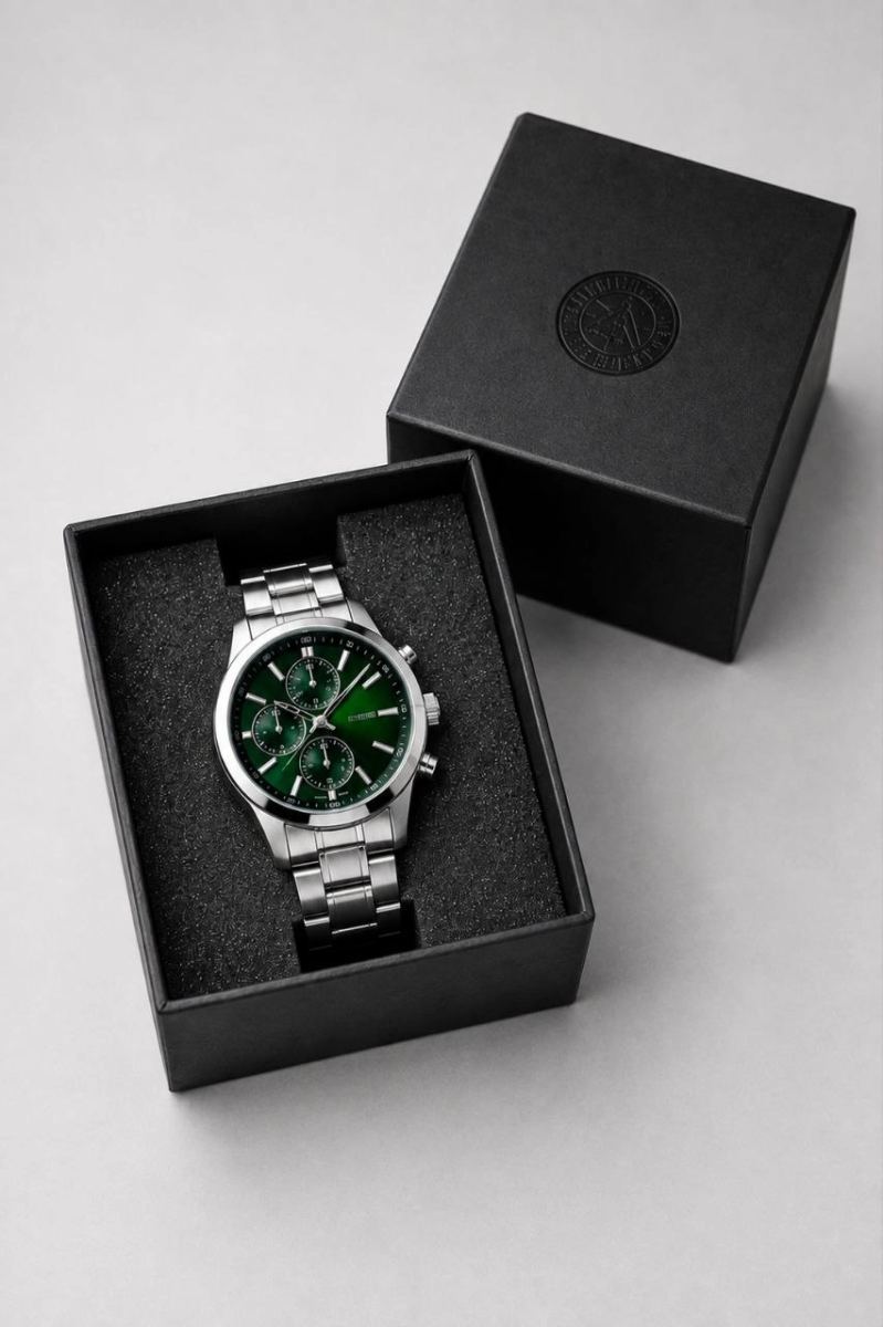Erkek Gümüş Renk Metal Kordon Analog Kol Saati Takvim Göstergeli Yeşil Siyah Kadran - Gümüş