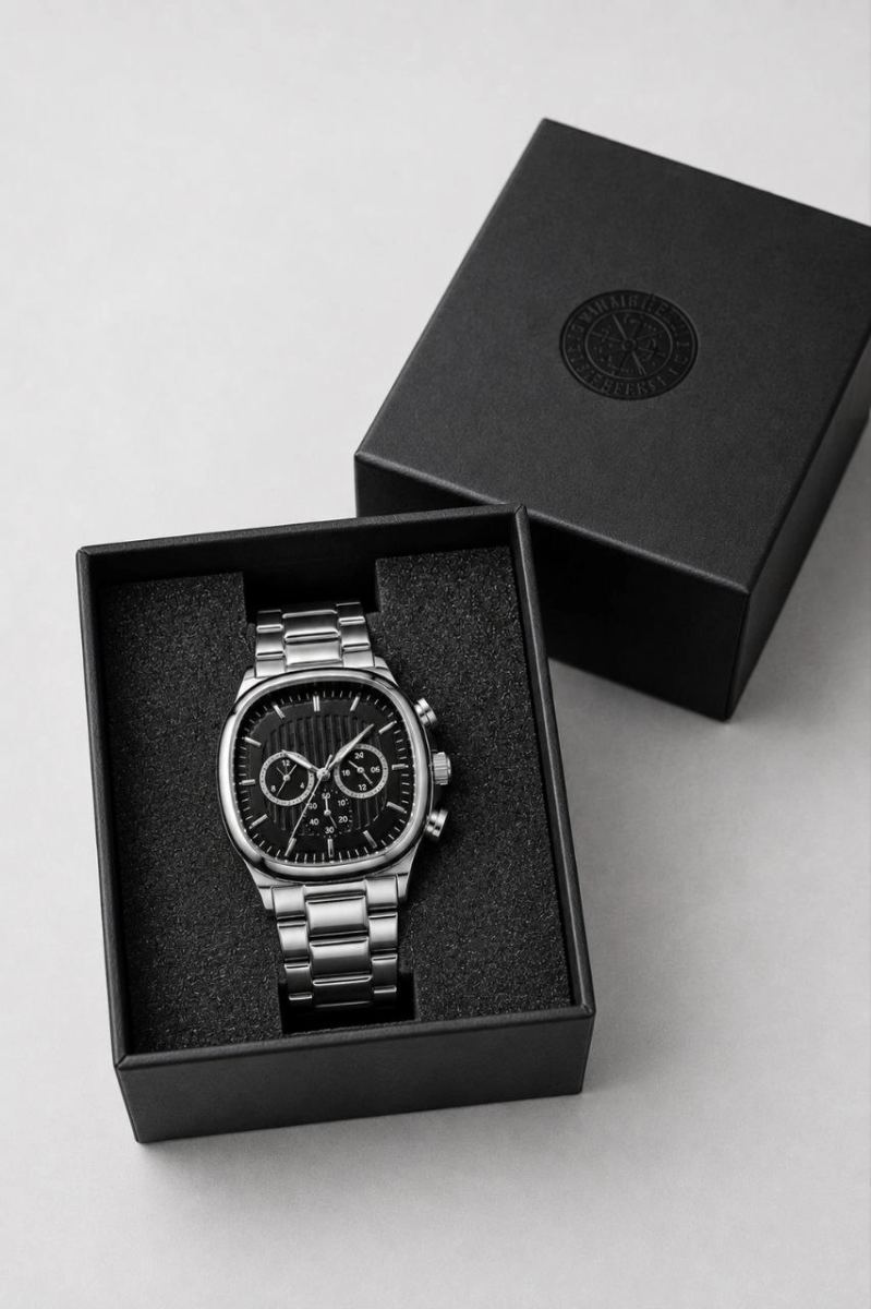 Erkek Gümüş Renk Metal Kordon Analog Kol Saati Siyah Kadran Takvim Göstergeli - Gümüş