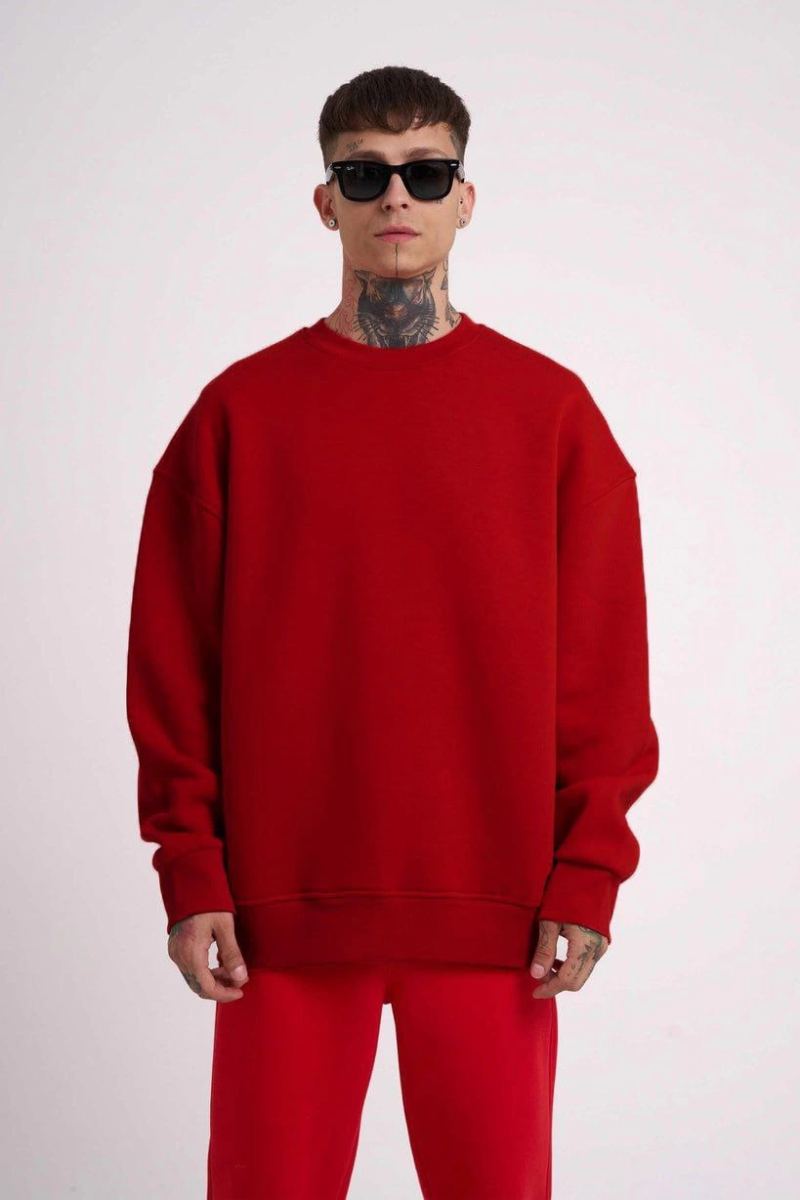 Erkek Biskilet Yaka Üç İplik SweatShirt - Kırmızı