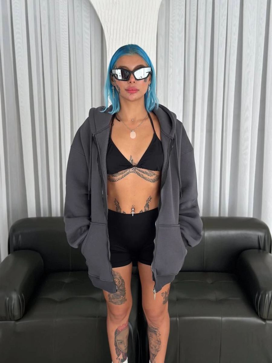 Kadın Oversize Tam Fermuarlı Uzun Kol Hırka - Füme