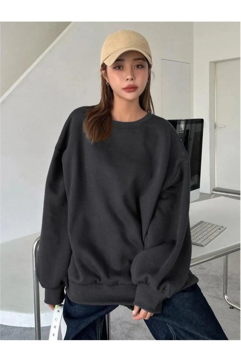 Kadın Düz Bisiklet Yaka 3 iplik Sweatshirt - Siyah