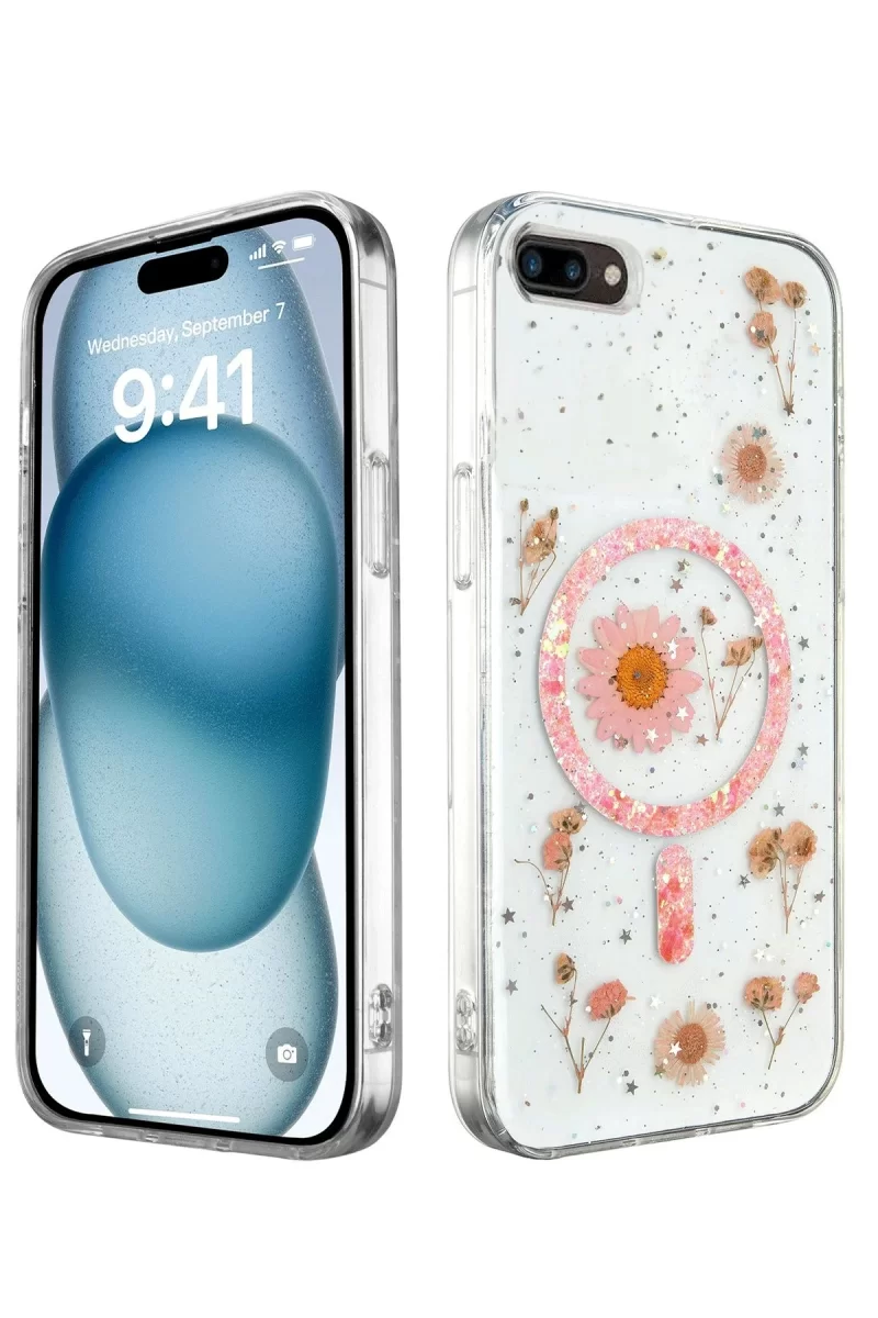 Newface Apple iPhone 7 Plus Kılıf Daisy Simli Magsafe Kapak - Pembe