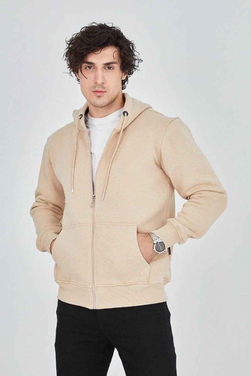 Erkek 3 İplik Pamuklu Fermuarlı Kapüşonlu Kanguru Cepli Hoodie Hırka Sweatshirt -Bej
