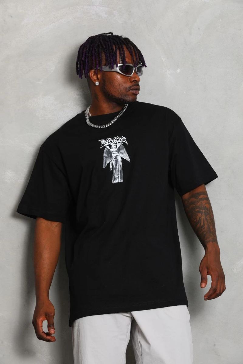 Erkek Kısa kol  Baskılı Bisiklet Yaka T-Shirt - Siyah